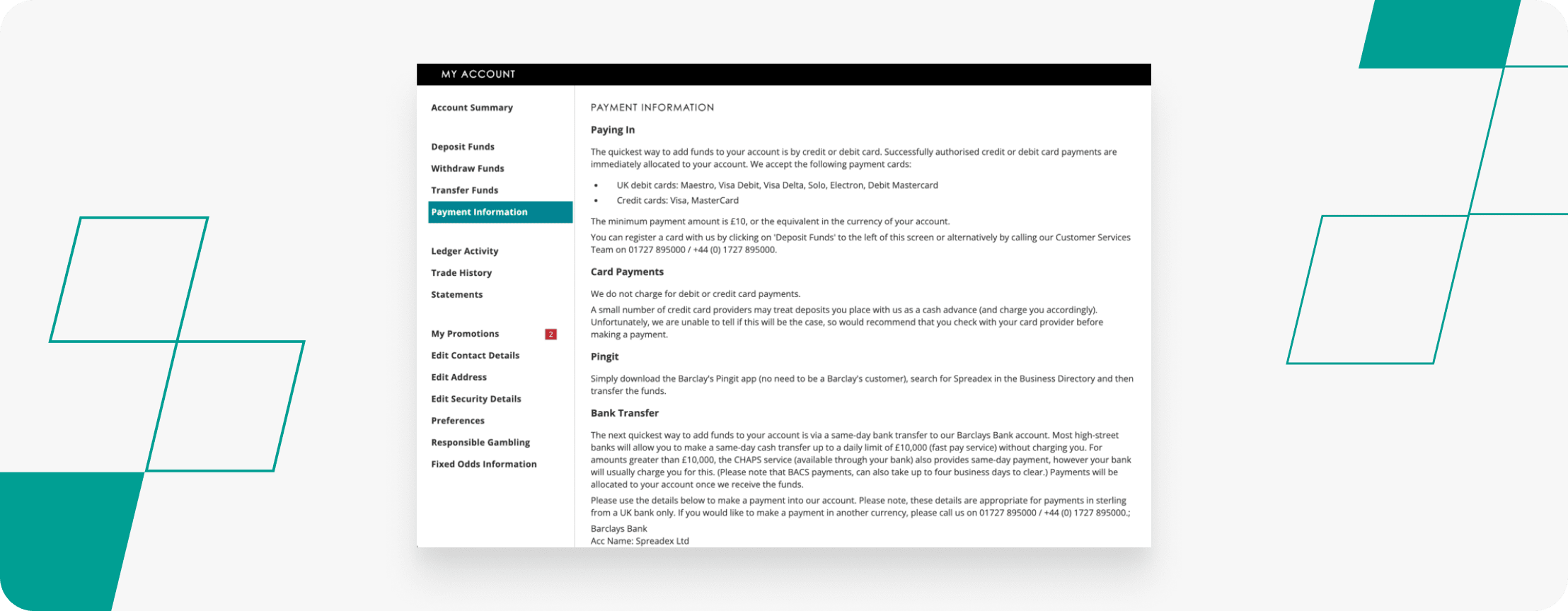 Spreadex payment information