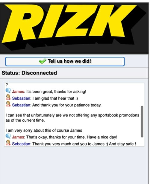 Rizk live chat screenshot