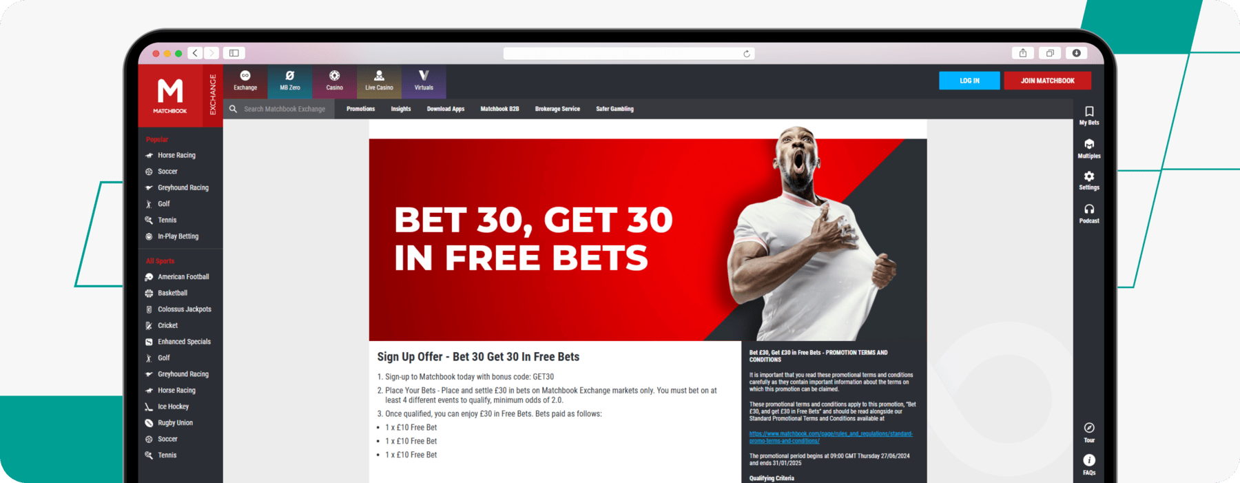 screenshot of matchbook bet 30 get 30 welcome offer